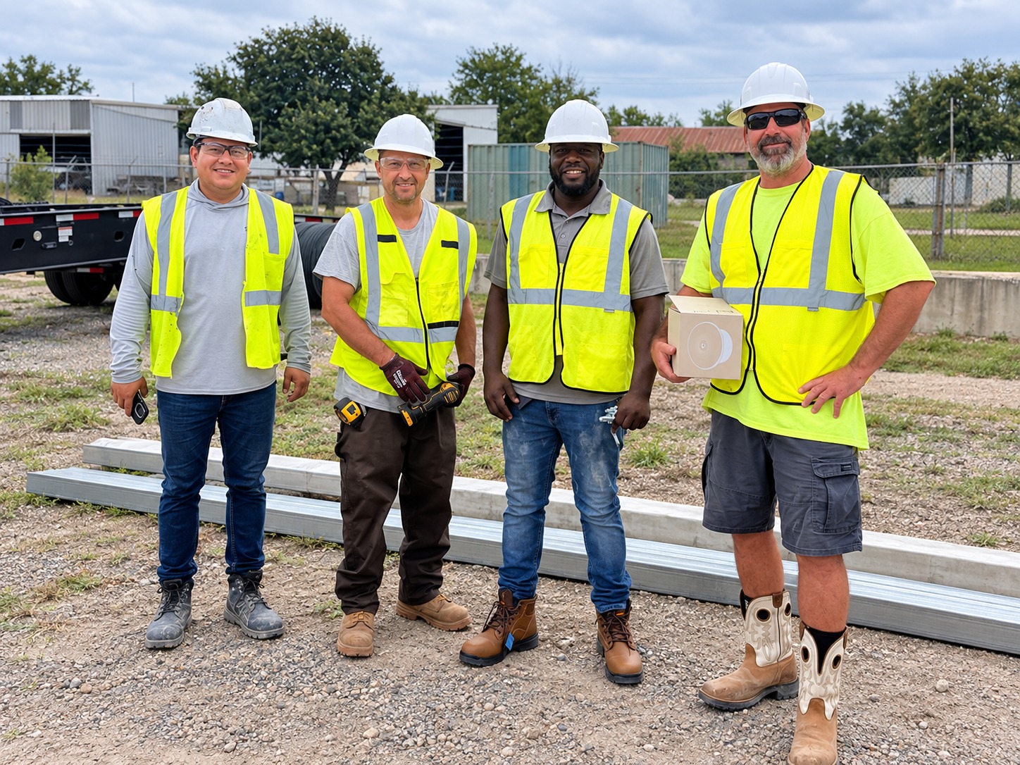 Four SecureLink crew members wearing hard hats and high-visibility safety vests at an installation site.